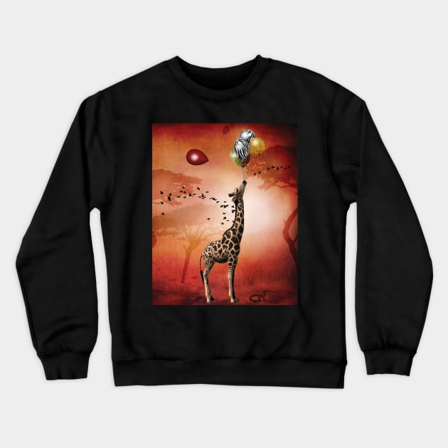 The Giraffe Travels Through Africa With Her Animal Skin Balloons Crewneck Sweatshirt by Taluula